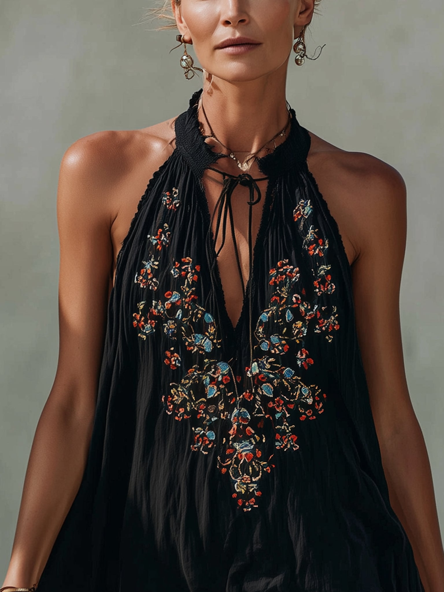 Black Embroidered Cotton Mini Dress