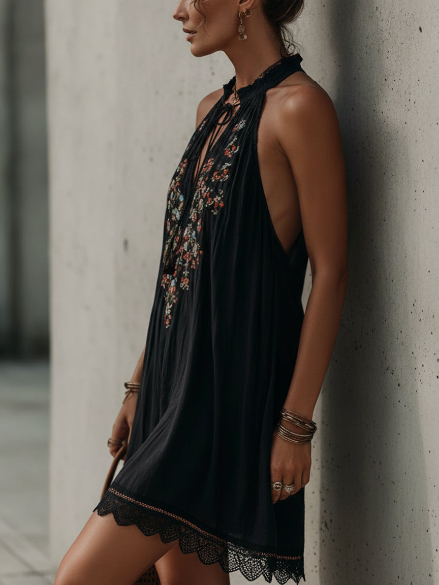 Black Embroidered Cotton Mini Dress