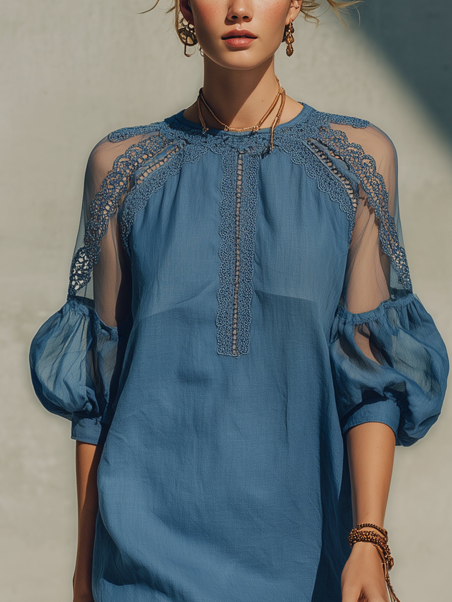 Blue Cotton Linen Lace Trim Mini Dress
