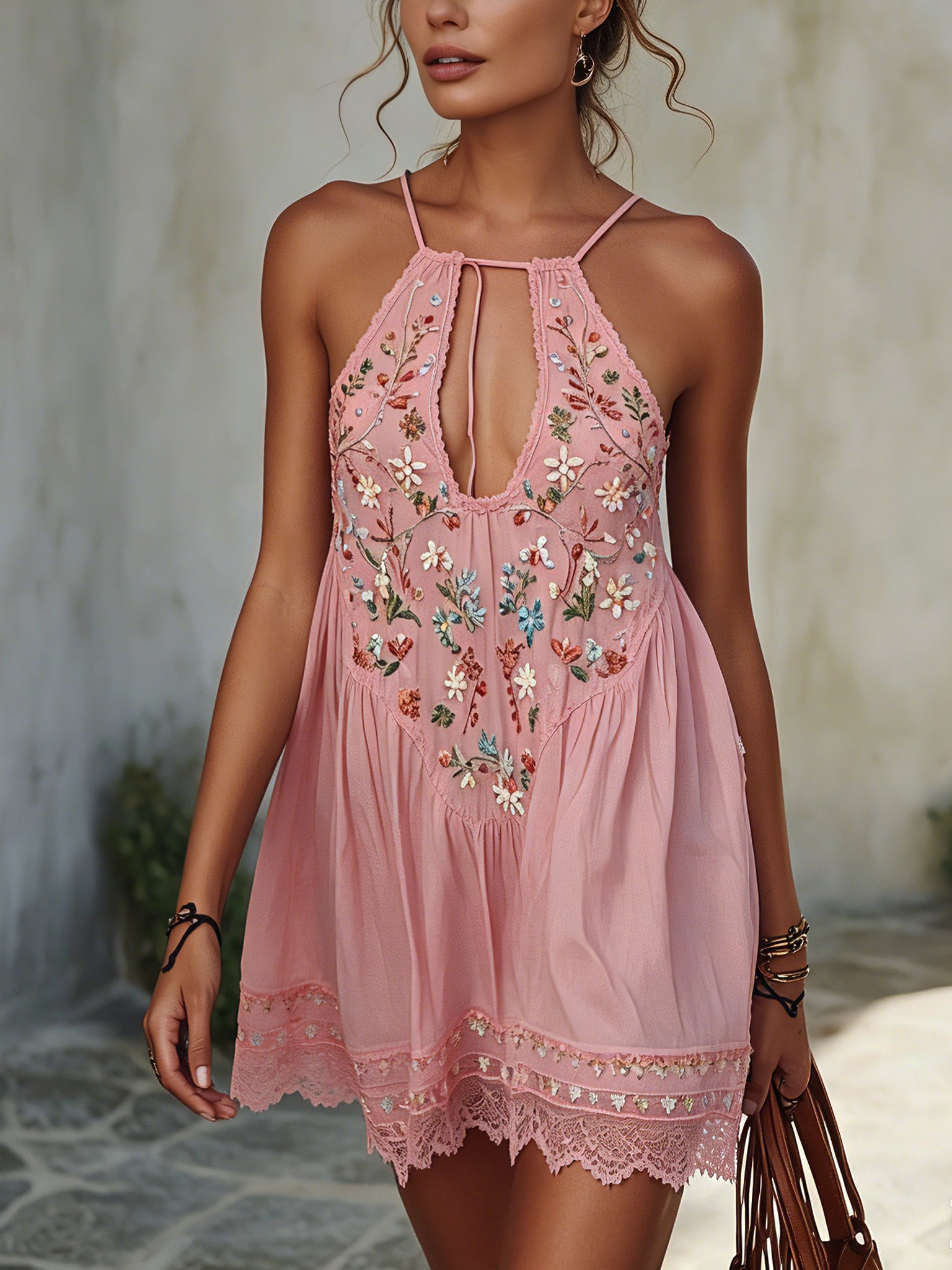 Pink Embroidered Cotton Mini Dress