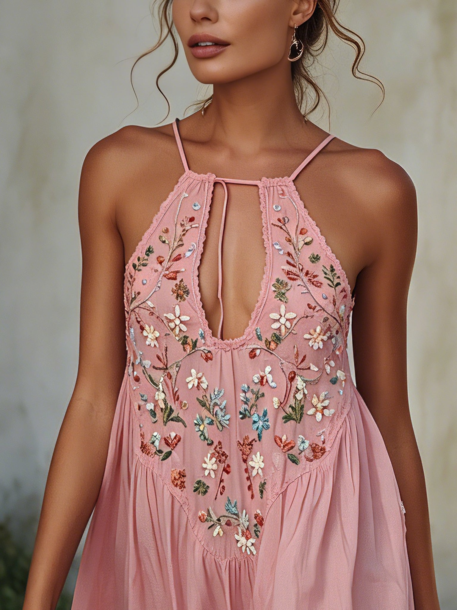 Pink Embroidered Cotton Mini Dress