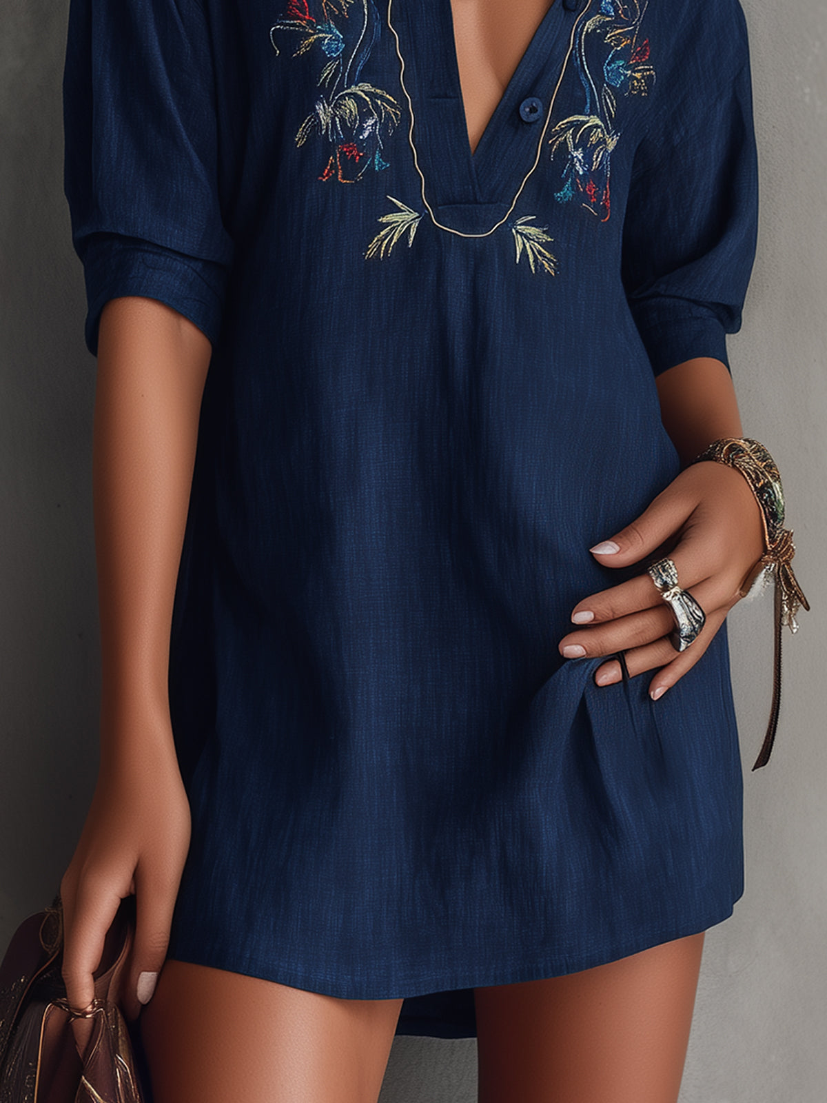 Navy Embroidered V-Neck Shirt Mini Dress