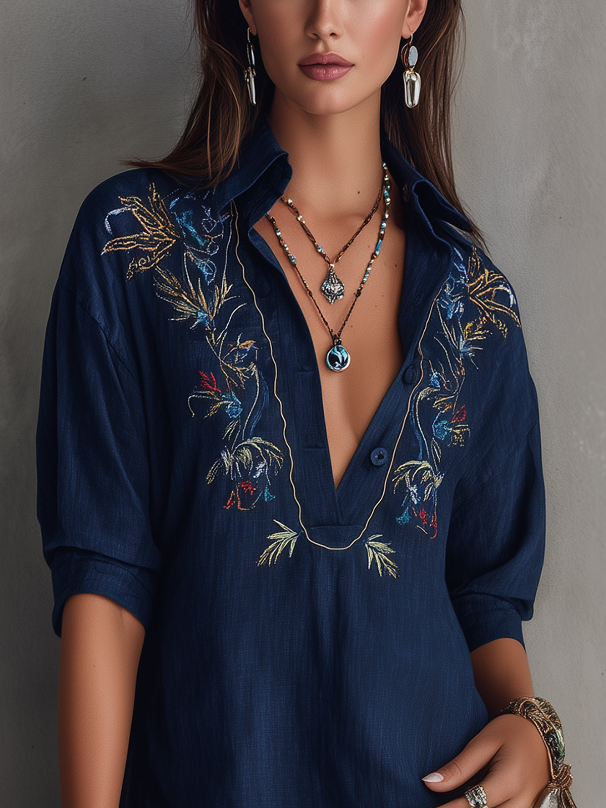 Navy Embroidered V-Neck Shirt Mini Dress