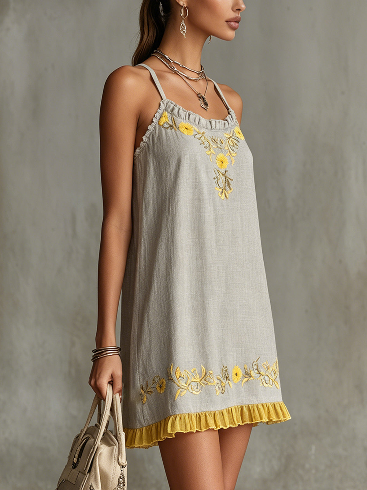 Gray Floral Embroidered Ruffle Hem Cami Dress