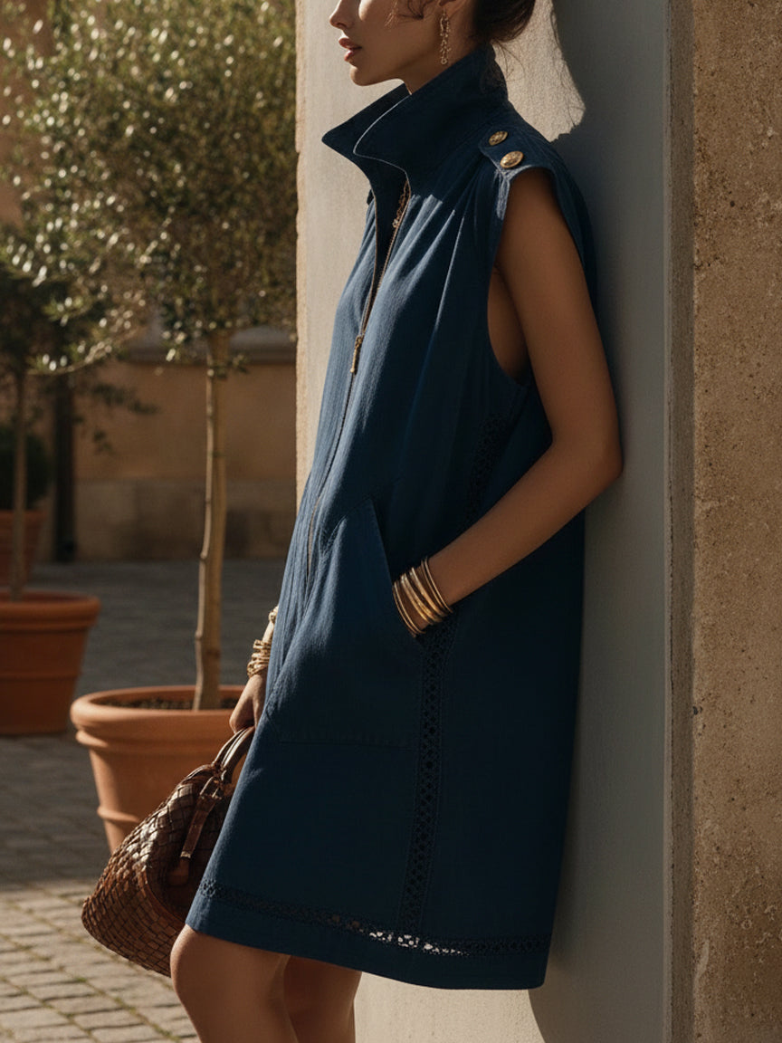 Indigo Washed Cotton Sleeveless Mini Dress