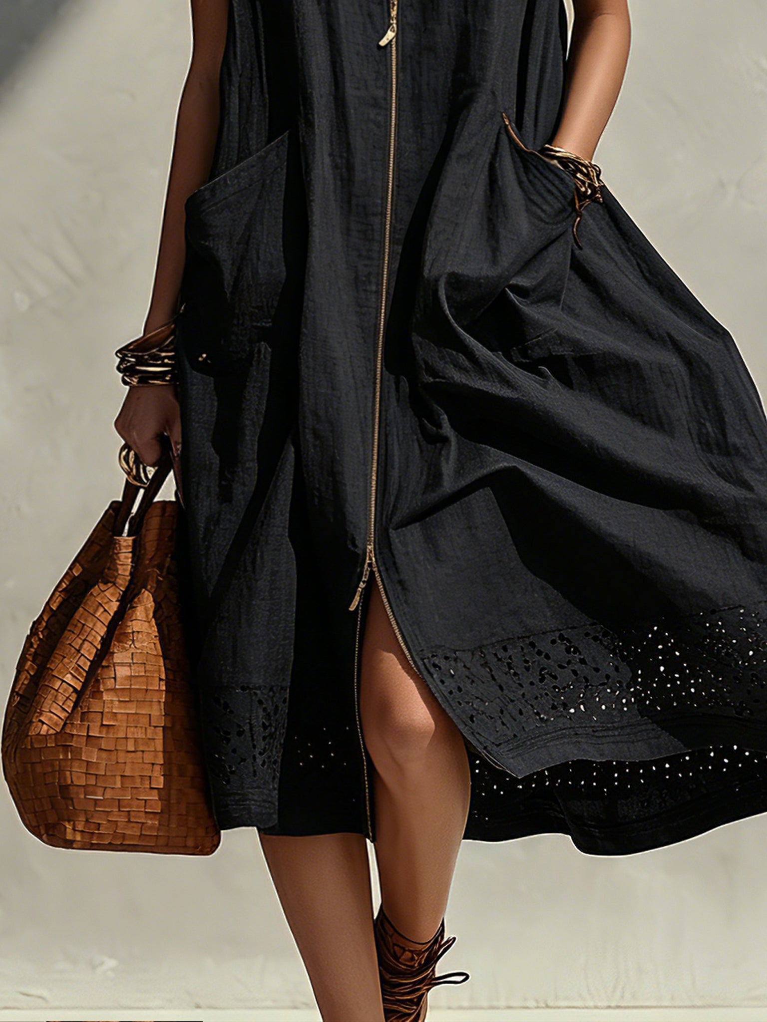 Black Zipper Sleeveless Linen Blend Midi Dress