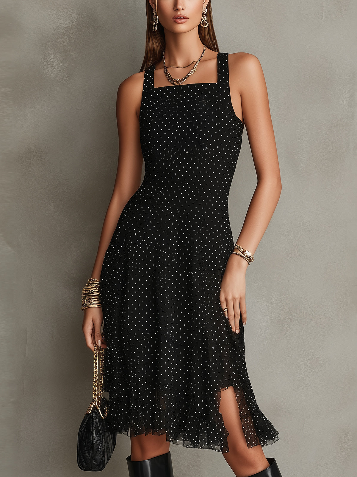 Black Polka Dot Square Neck Midi Dress