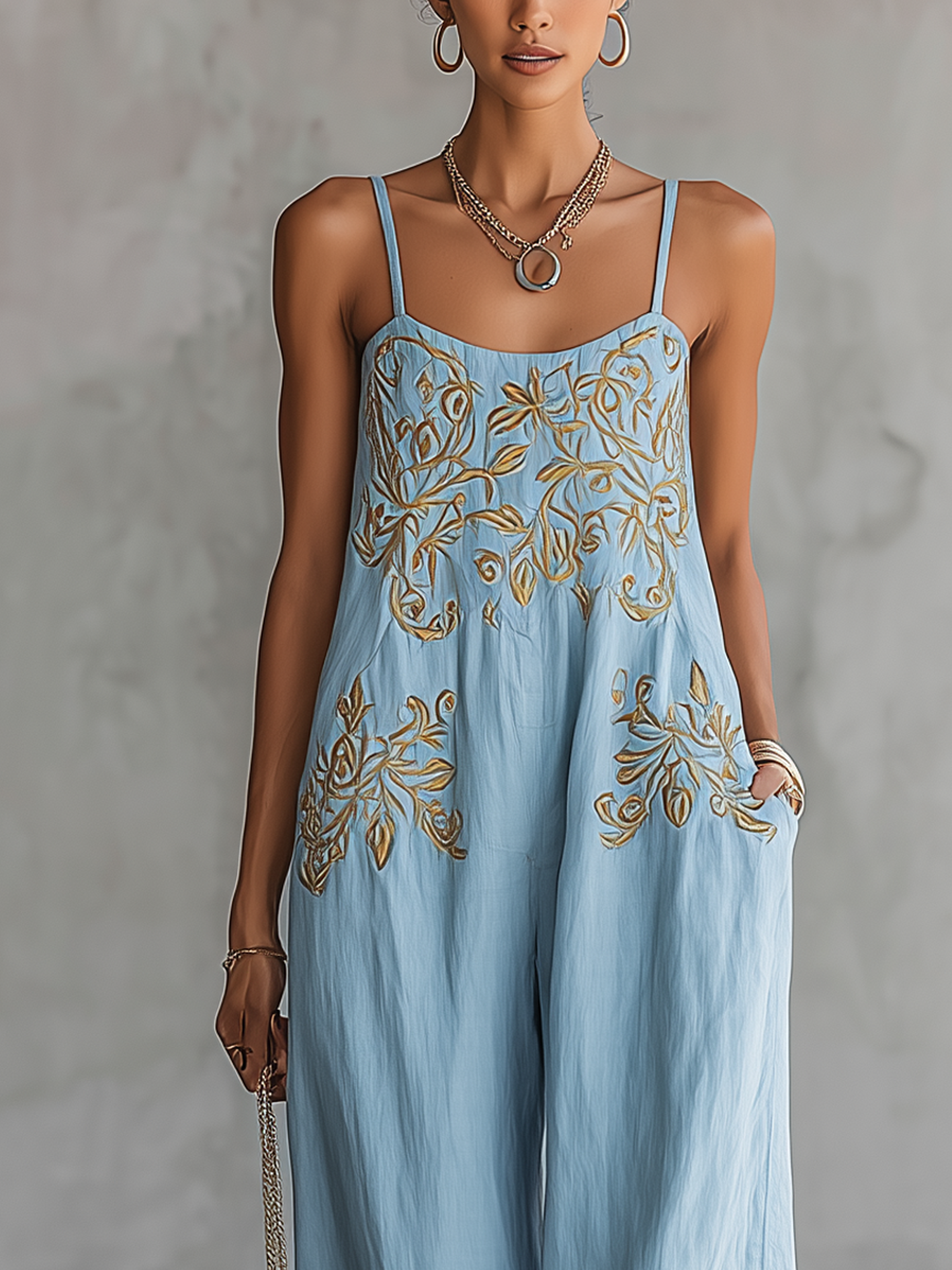 Light Blue Cotton Linen Vintage Embroidered Sleeveless Jumpsuit