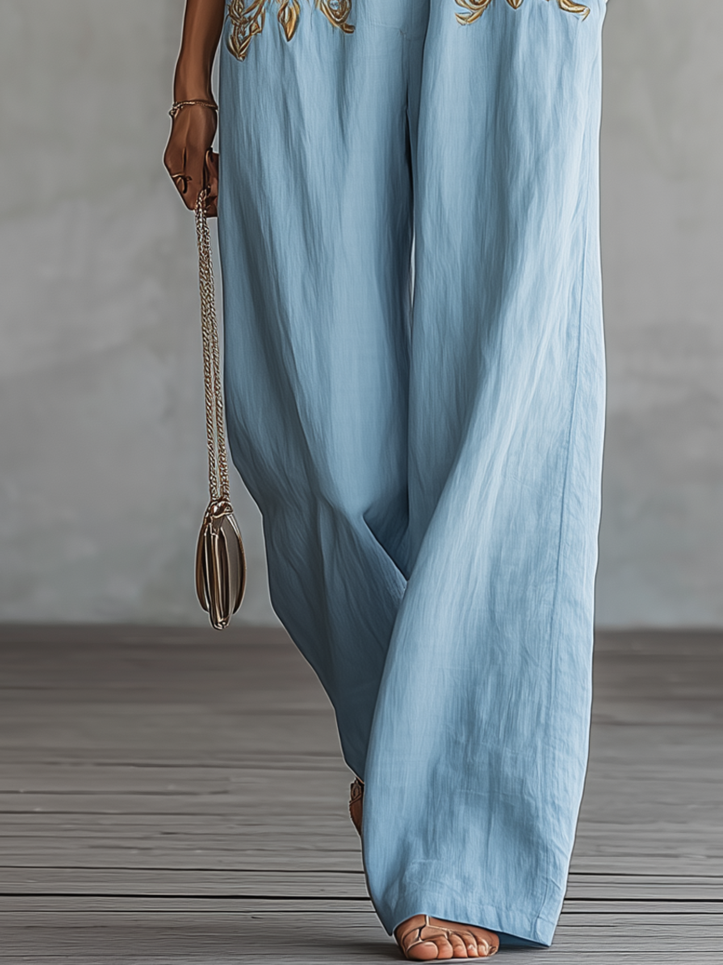 Light Blue Cotton Linen Vintage Embroidered Sleeveless Jumpsuit