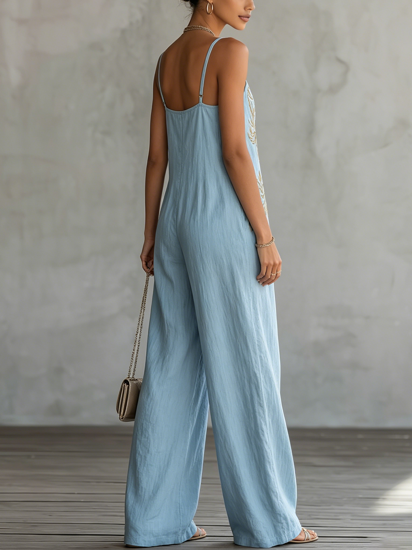 Light Blue Cotton Linen Vintage Embroidered Sleeveless Jumpsuit