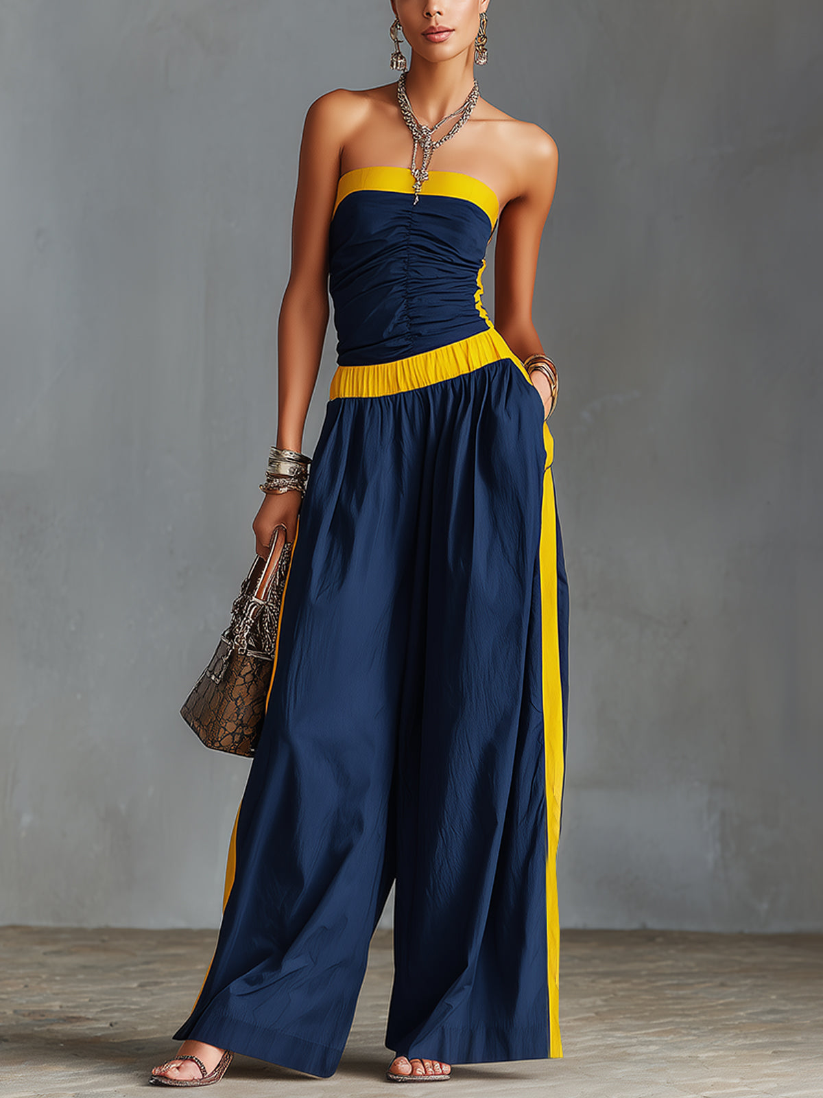 Navy Blue Strapless Ruched Wide-Leg Jumpsuit With Yellow Contrast Trim