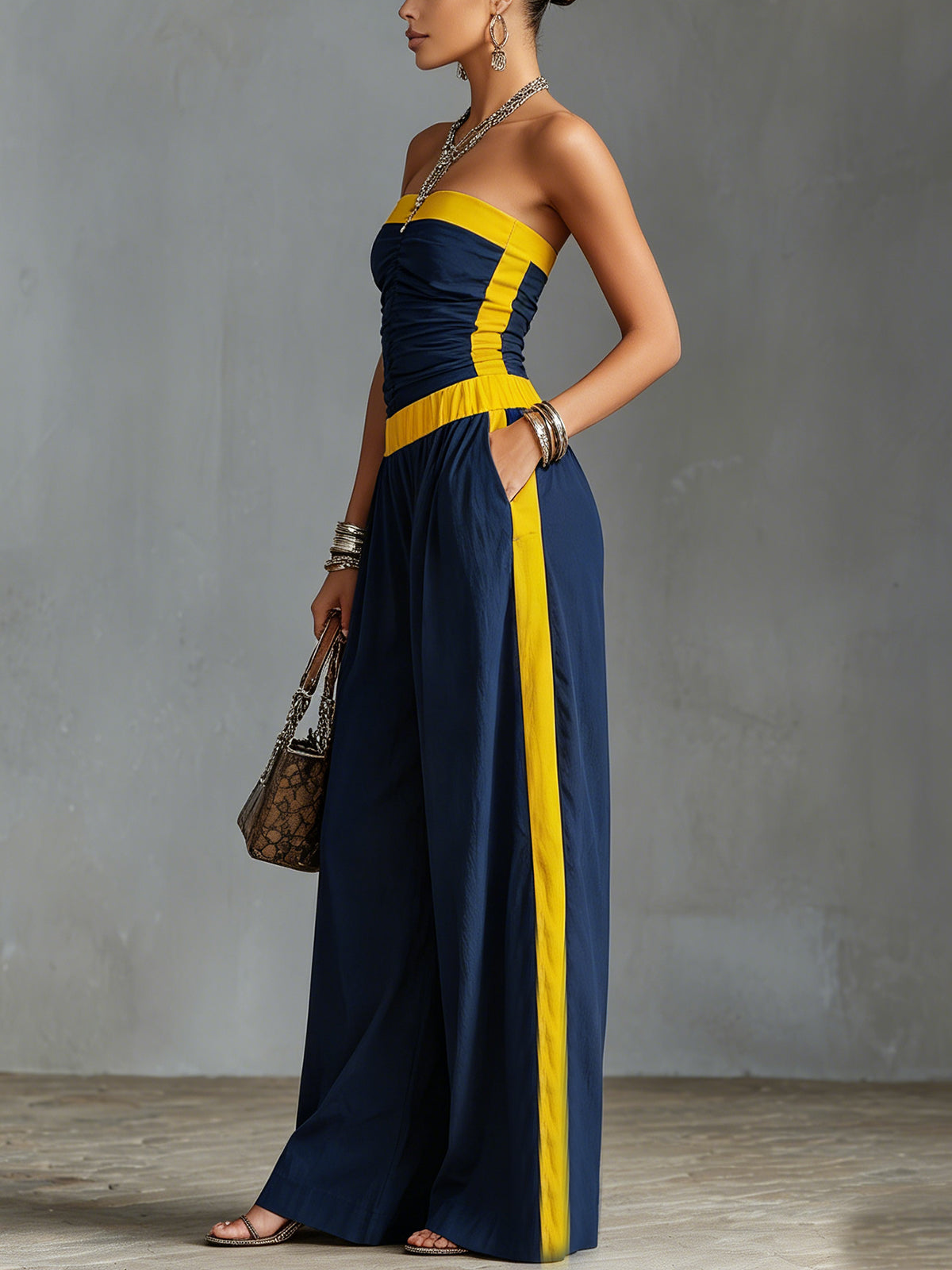 Navy Blue Strapless Ruched Wide-Leg Jumpsuit With Yellow Contrast Trim