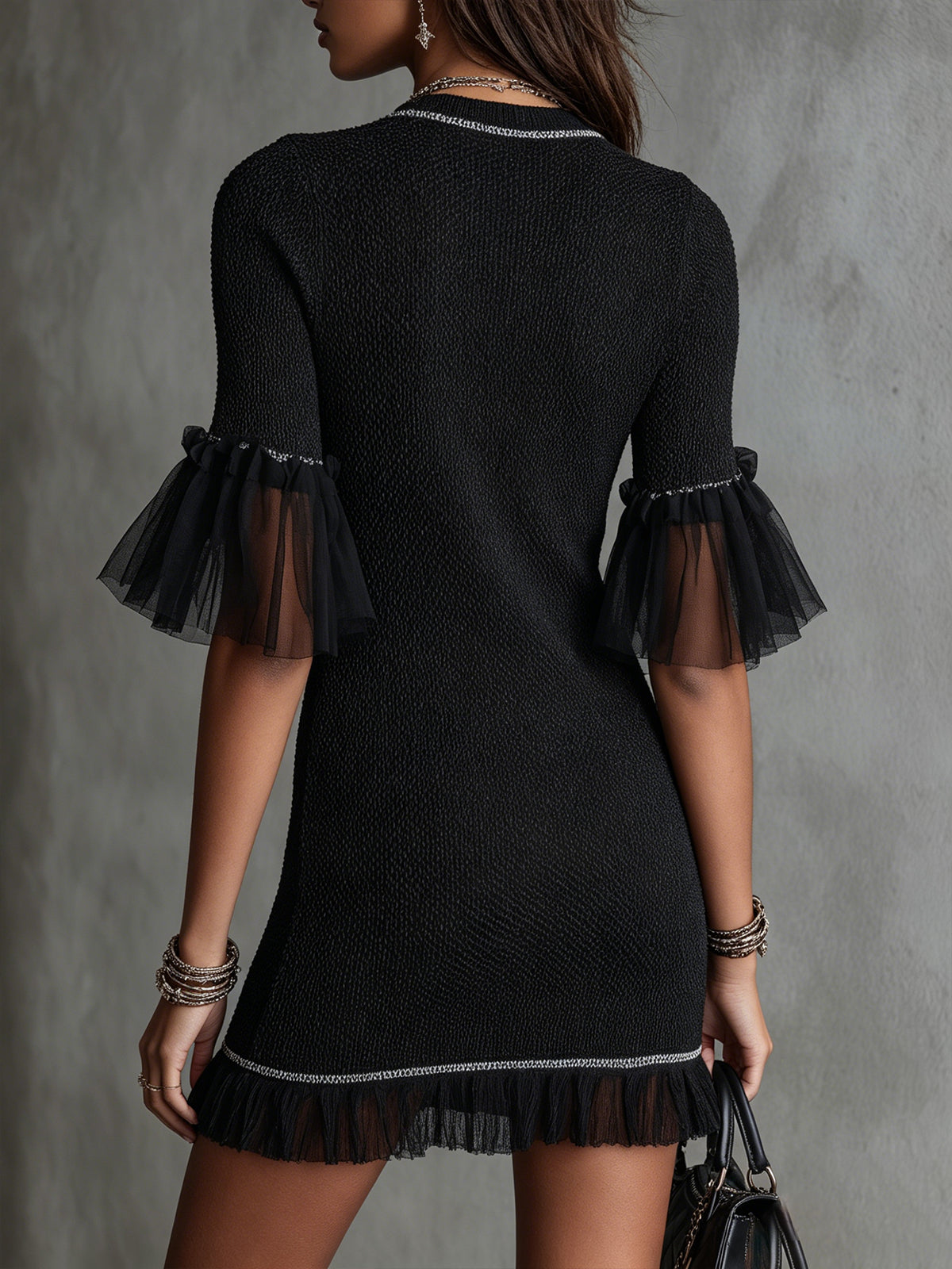 Black Knit Mini Dress With Sheer Ruffle Sleeves
