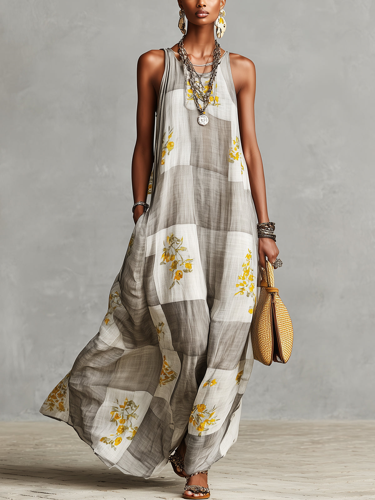 Gray and White Checkered Floral Print Sleeveless Maxi Dress
