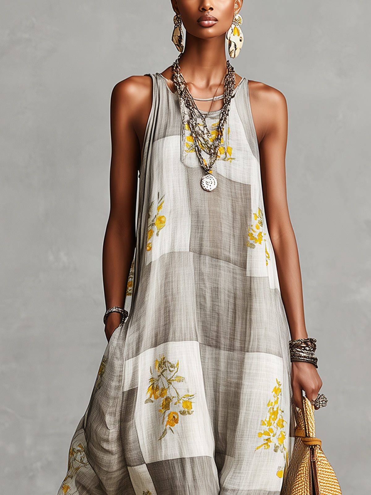 Gray and White Checkered Floral Print Sleeveless Maxi Dress
