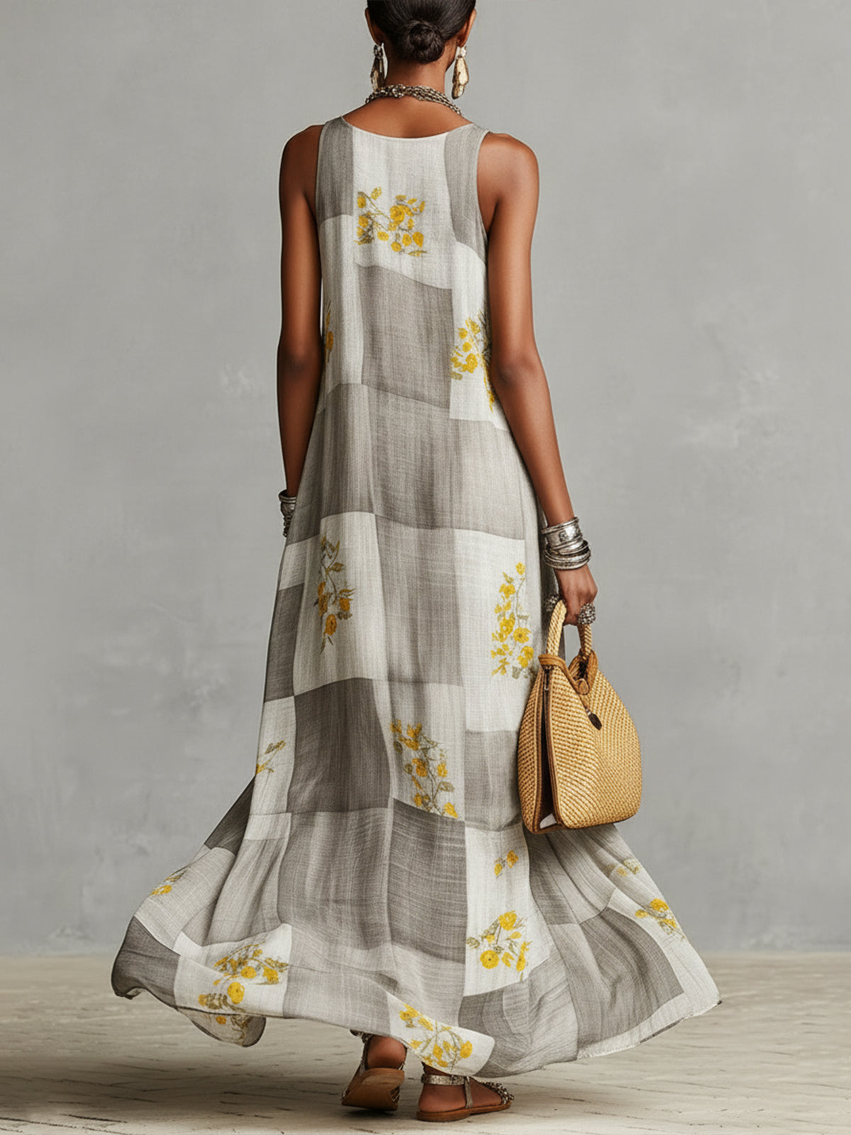 Gray and White Checkered Floral Print Sleeveless Maxi Dress