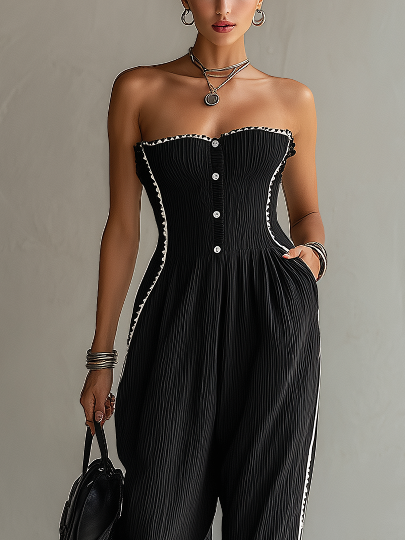 Textured Black Off Shoulder Jumpsuit With Ribbon Trim