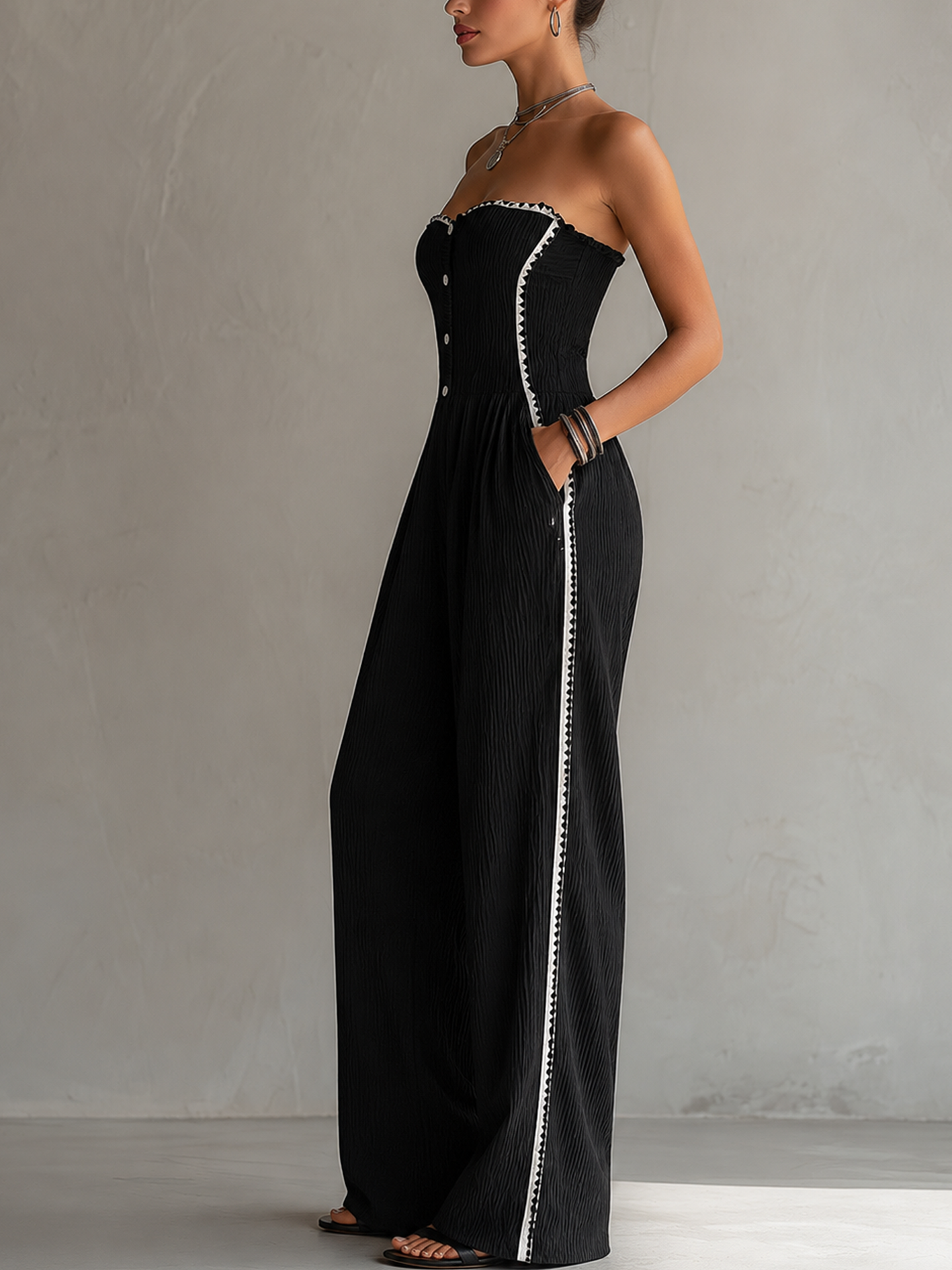 Textured Black Off Shoulder Jumpsuit With Ribbon Trim