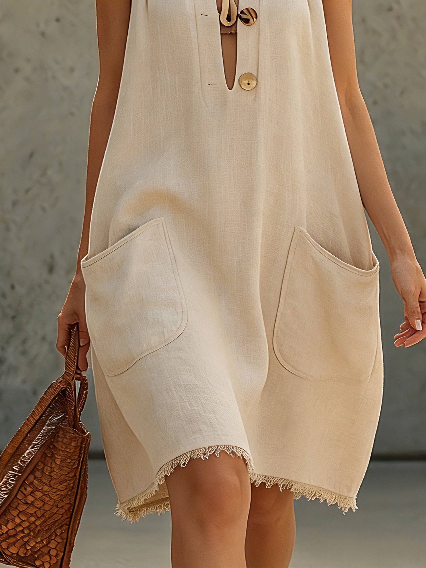Beige Linen Sleeveless Button Midi Dress