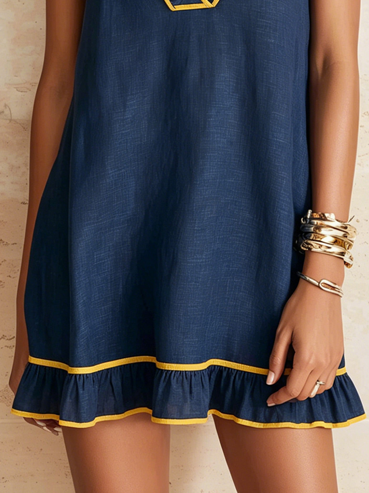Navy Ruffle Mini Dress With Contrast Yellow Trim