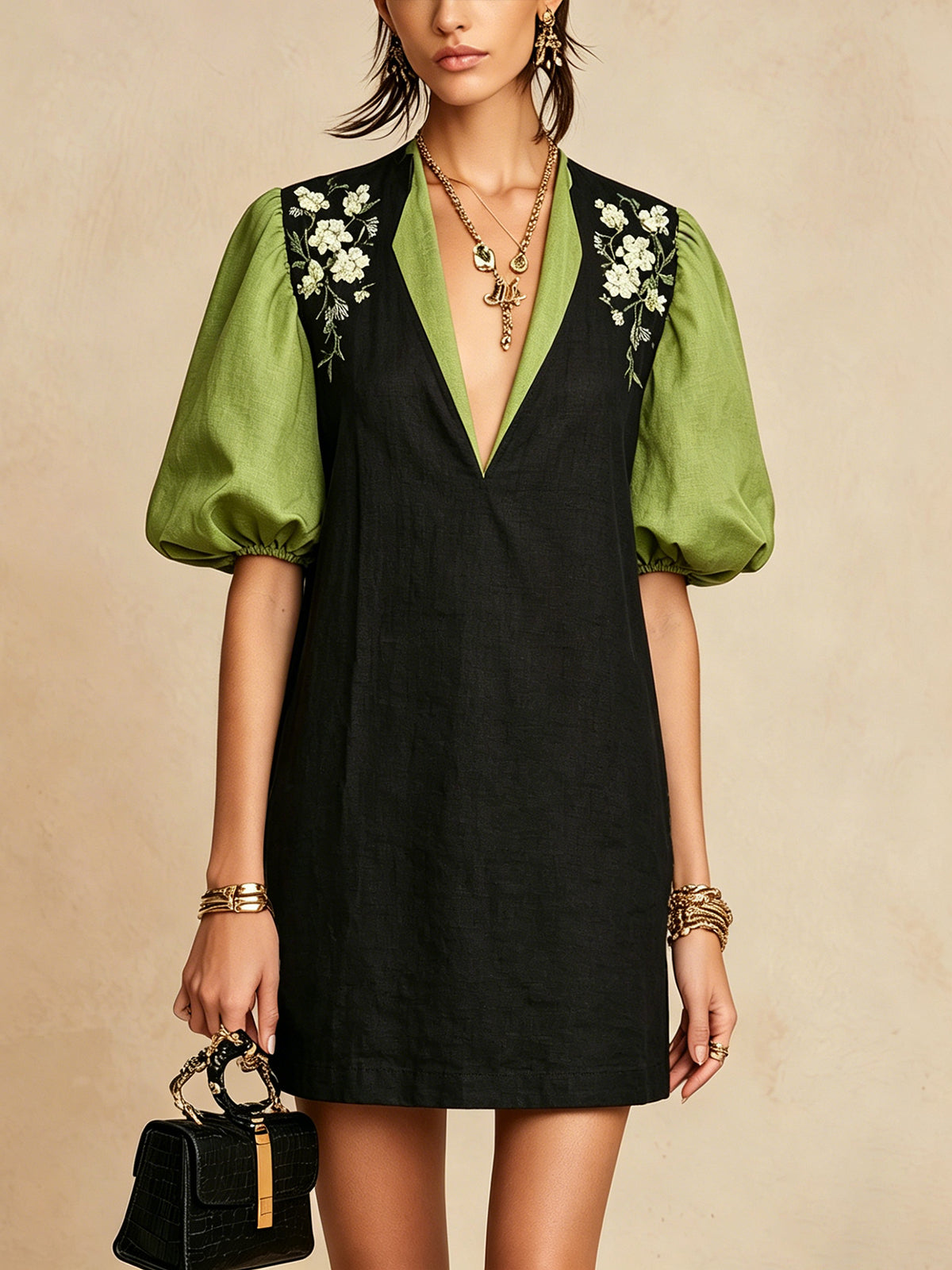 Black And Green Puff Sleeve Mini Dress With Floral Embroidery