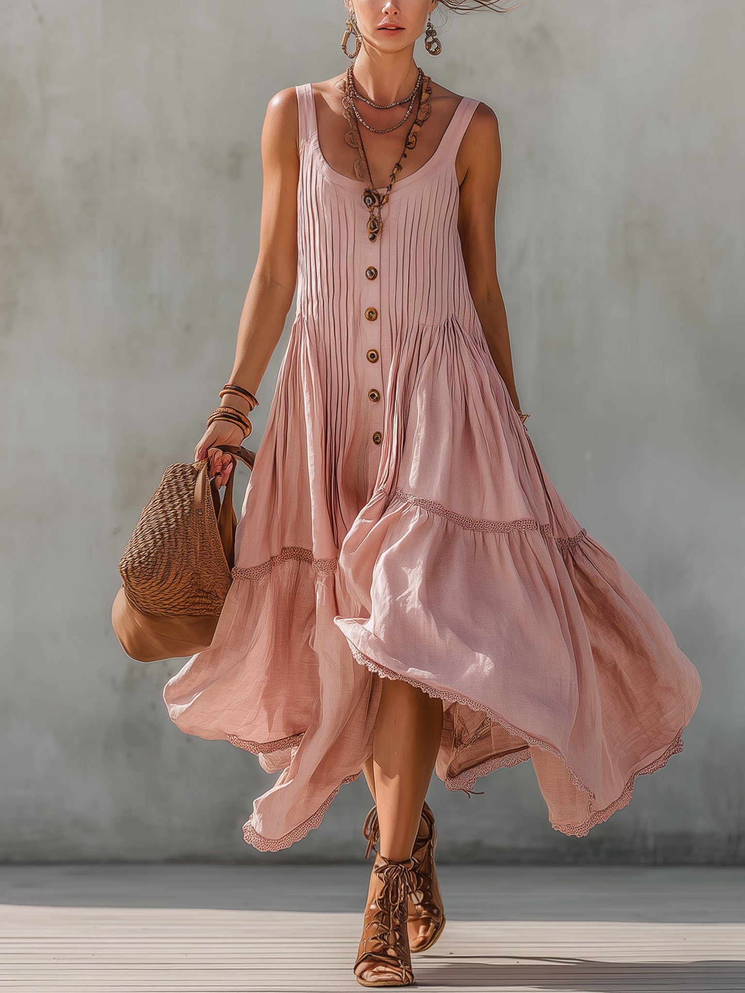 Pink Linen Blend Sleeveless Pleated Maxi Dress