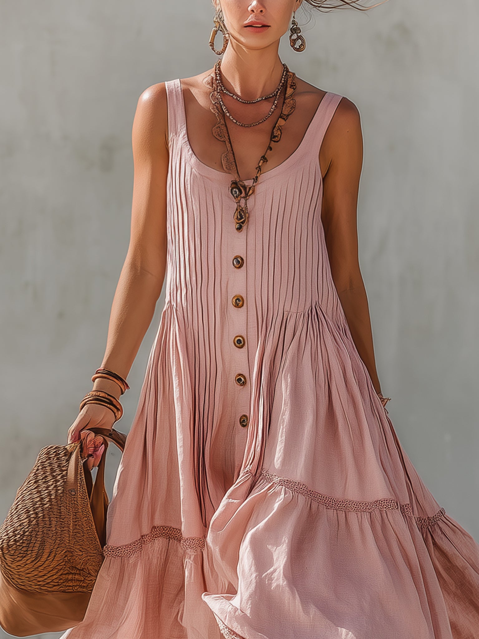 Pink Linen Blend Sleeveless Pleated Maxi Dress