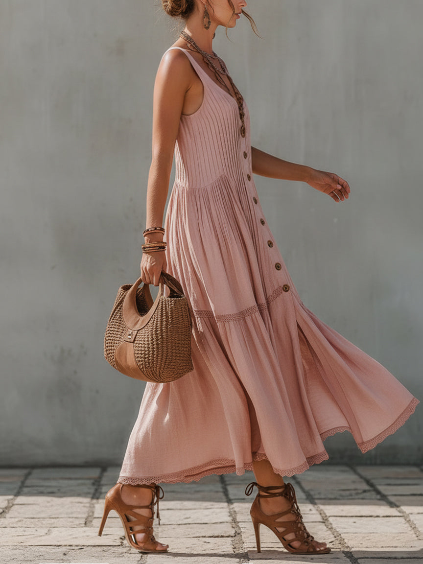 Pink Linen Blend Sleeveless Pleated Maxi Dress
