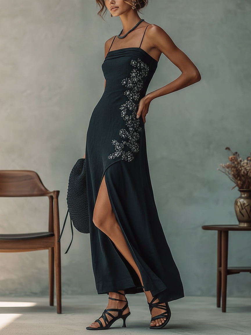 Black Sequin Embroidered Side Slit Maxi Dress