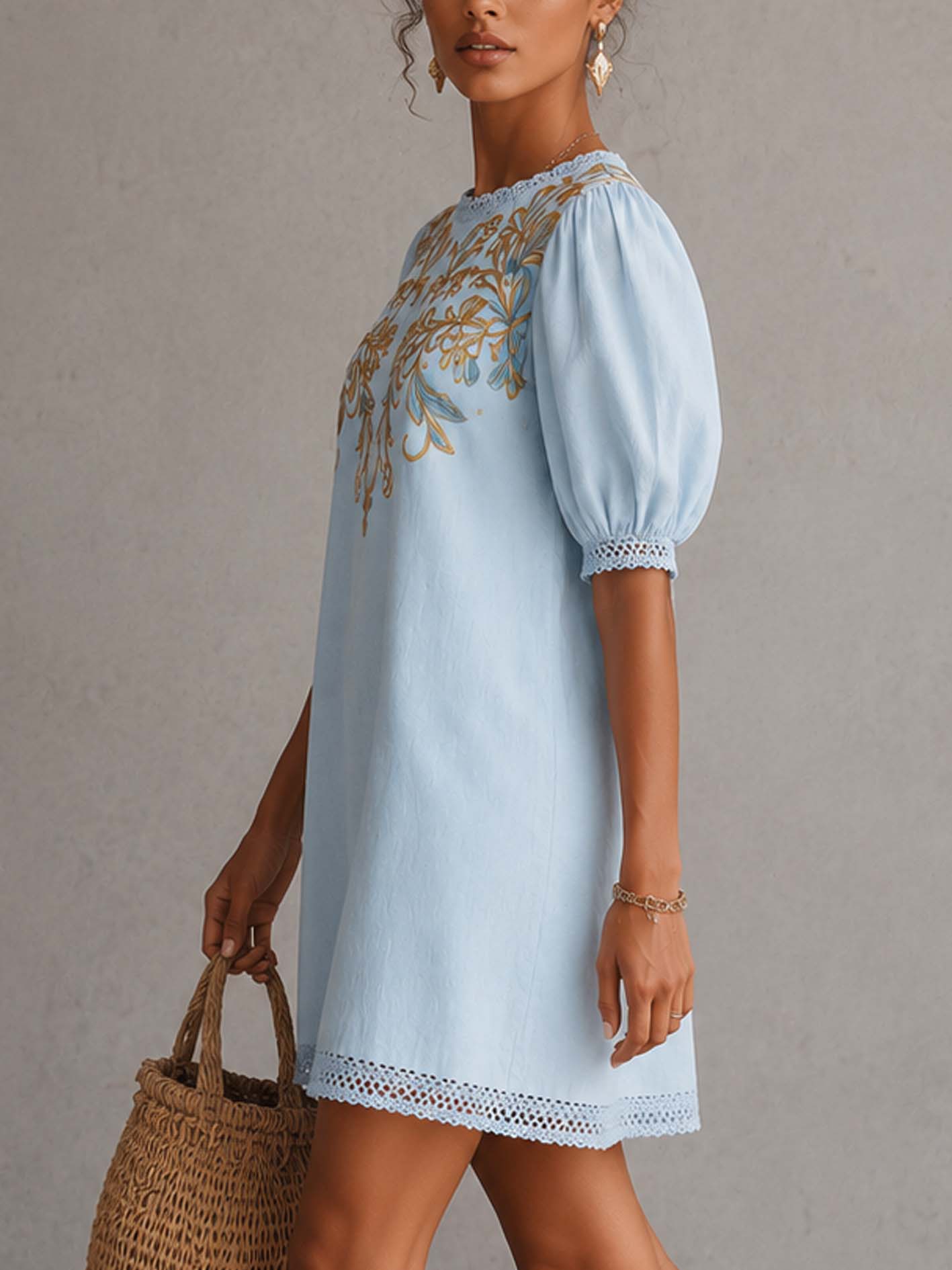 Vintage Embroidered Light Blue Cotton Linen Mini Dress With Lace Trim