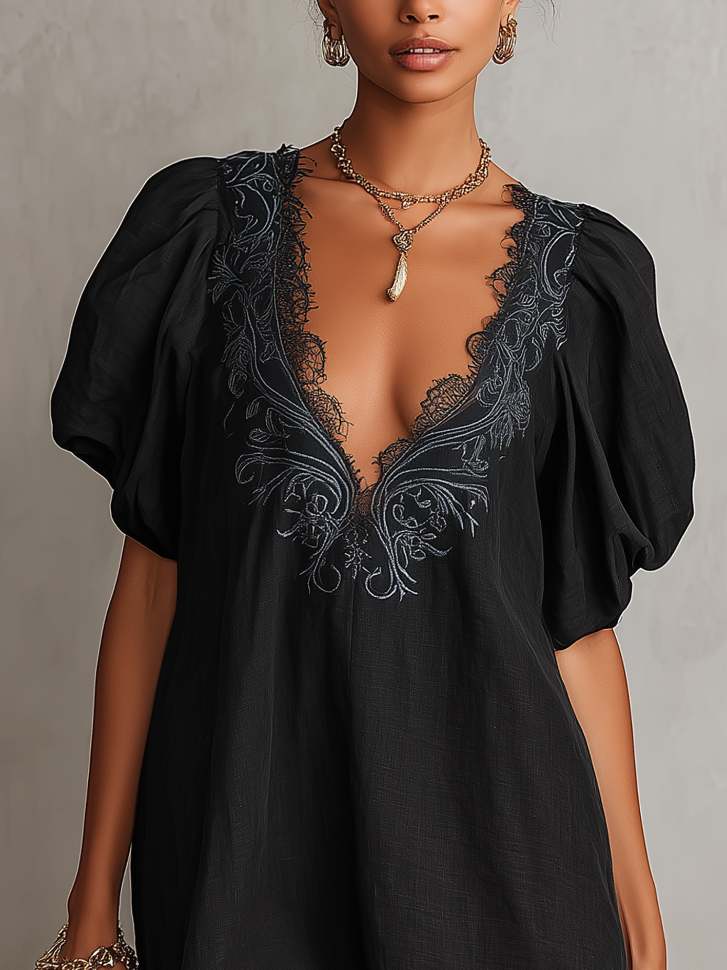 Black Embroidered Lace Trim Puff Sleeve Mini Dress