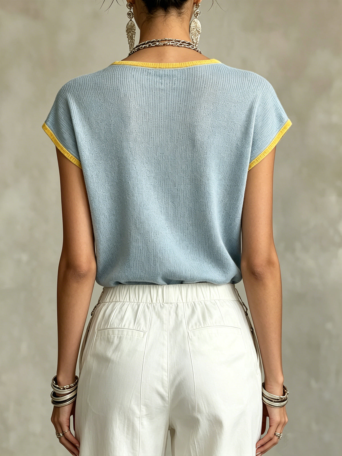 Sky Blue Knit Top with Yellow Trim