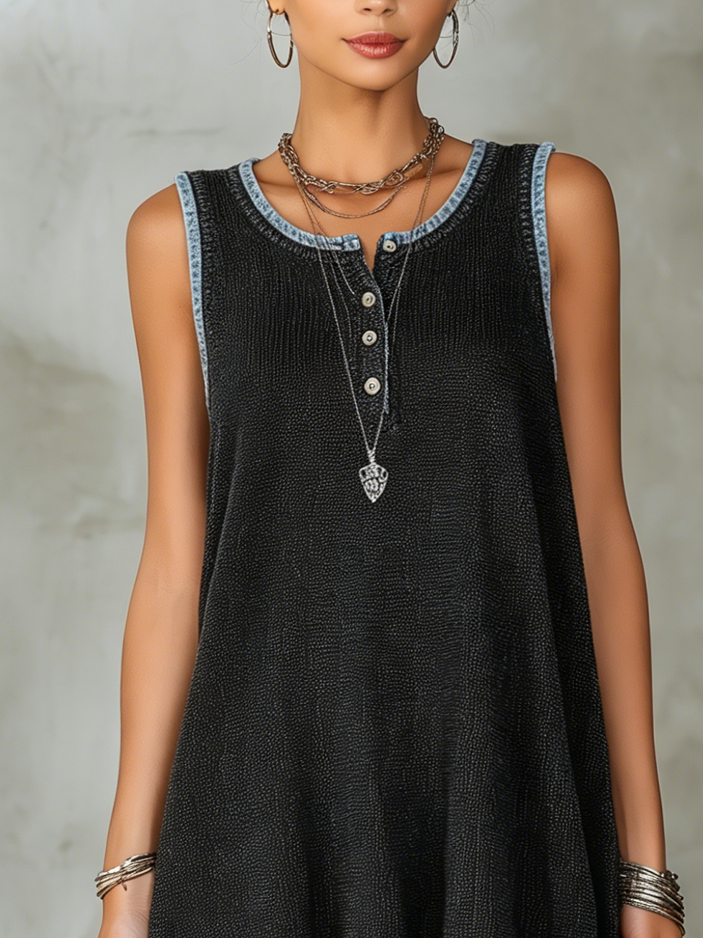 Black Knitted Sleeveless Mini Dress with Denim Trim and Button Detail