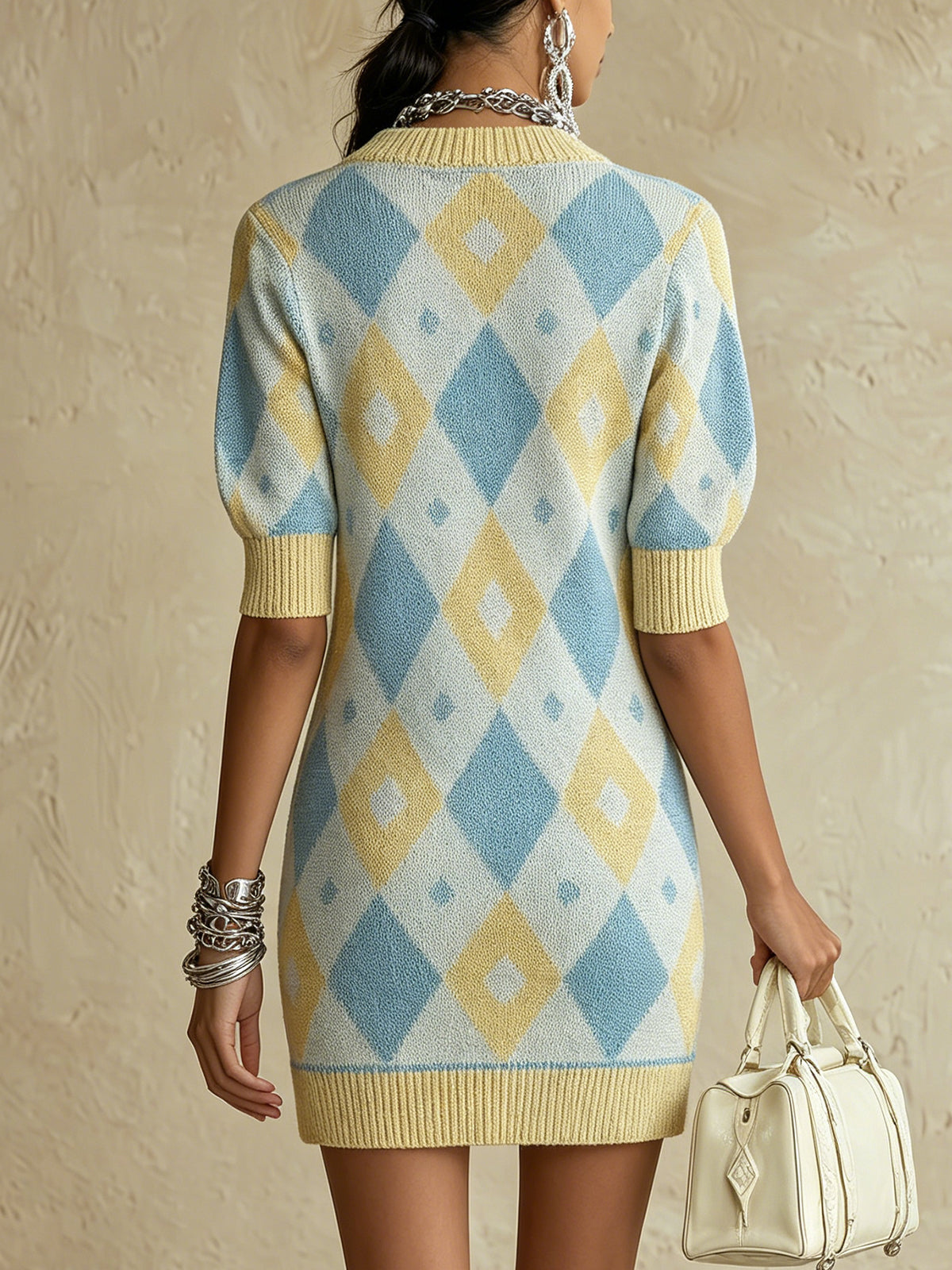 Blue And Yellow Argyle Puff Sleeve Knit Mini Dress
