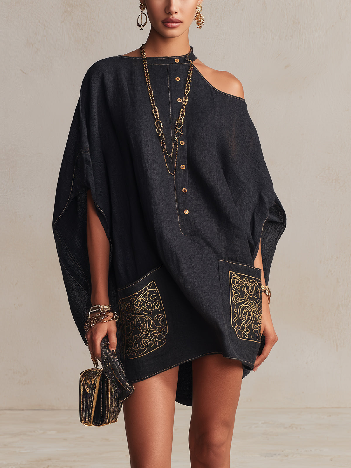 Black One-Shoulder Embroidered Button-Front Linen Mini Dress