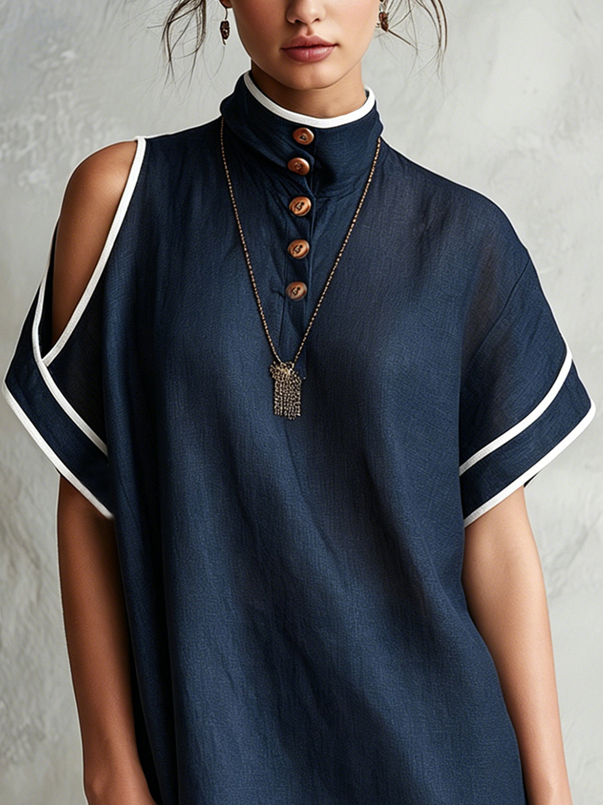 Navy High-Neck Button-Detail Cold-Shoulder Mini Dress