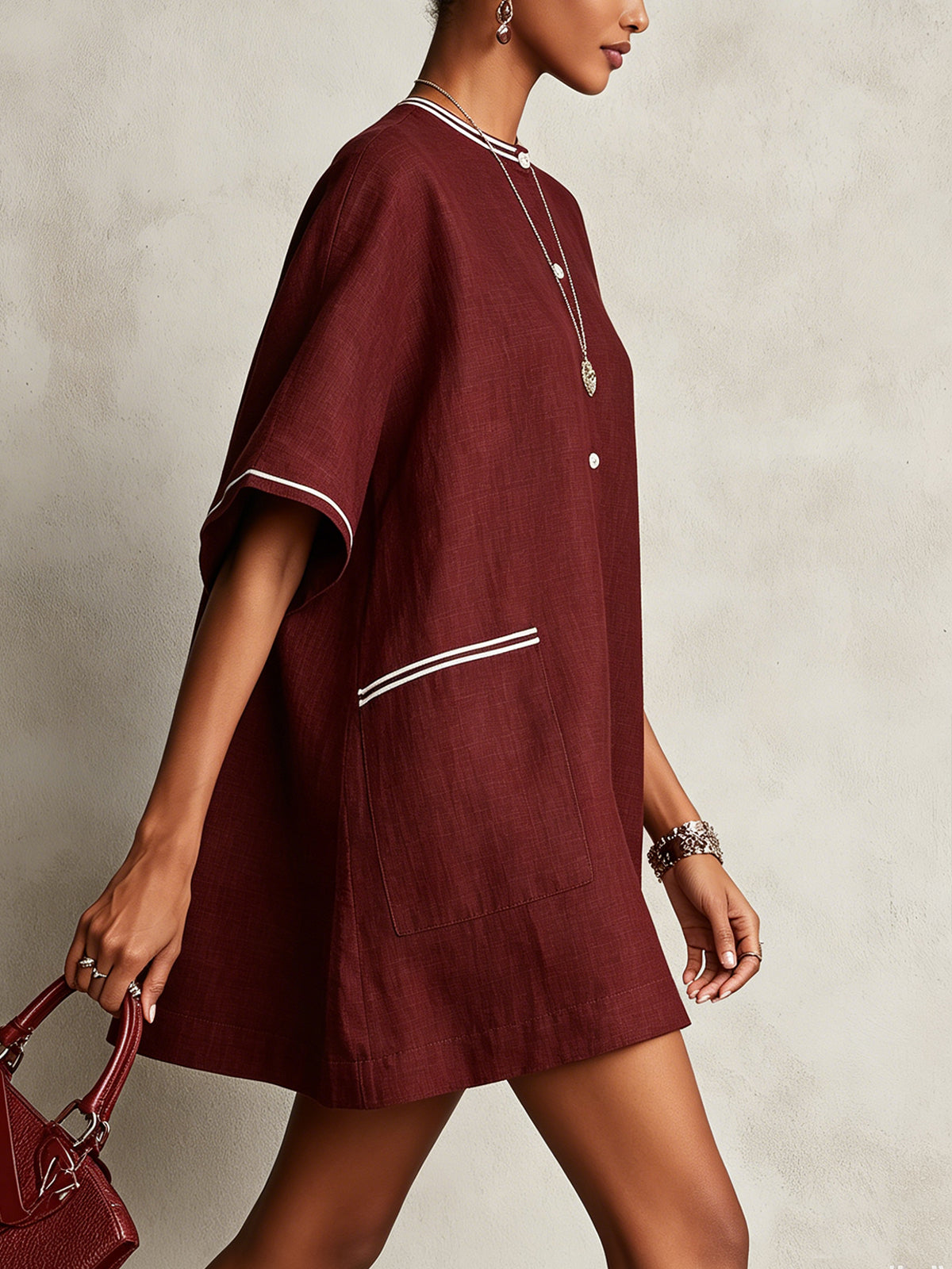 Burgundy Contrast Trim Button-Down Linen Mini Dress