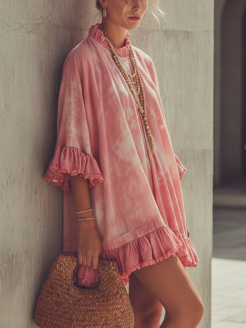 Pink Tie Dye Cotton Linen Mini Dress