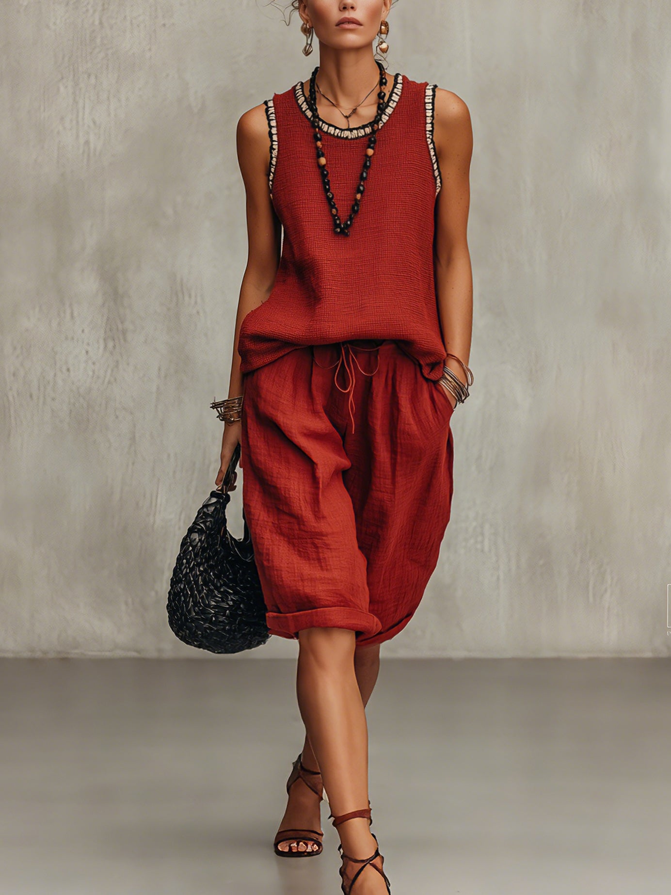 Rust Knit Sleeveless Top And Linen Bermuda Shorts Set
