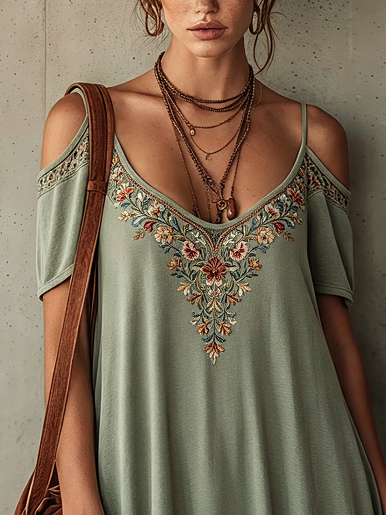 Green Embroidered Bubble Hem Mini Dress