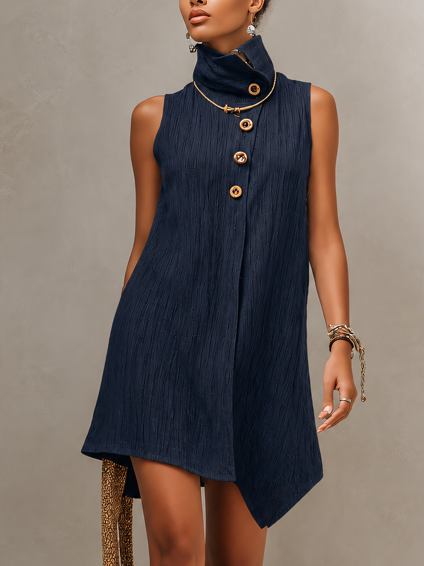 Textured Navy Blue Sleeveless Mini Dress With Asymmetric Hem