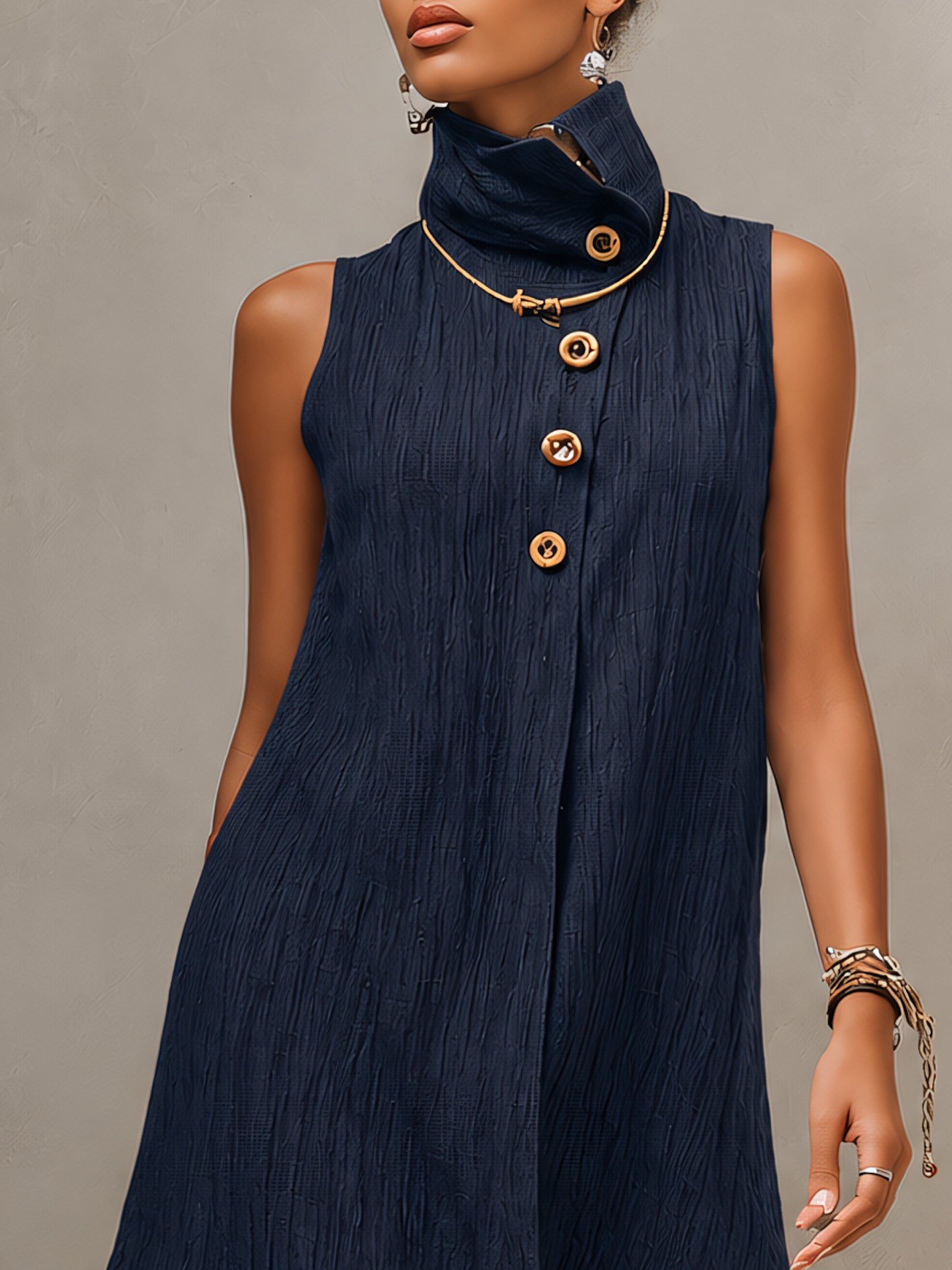 Textured Navy Blue Sleeveless Mini Dress With Asymmetric Hem