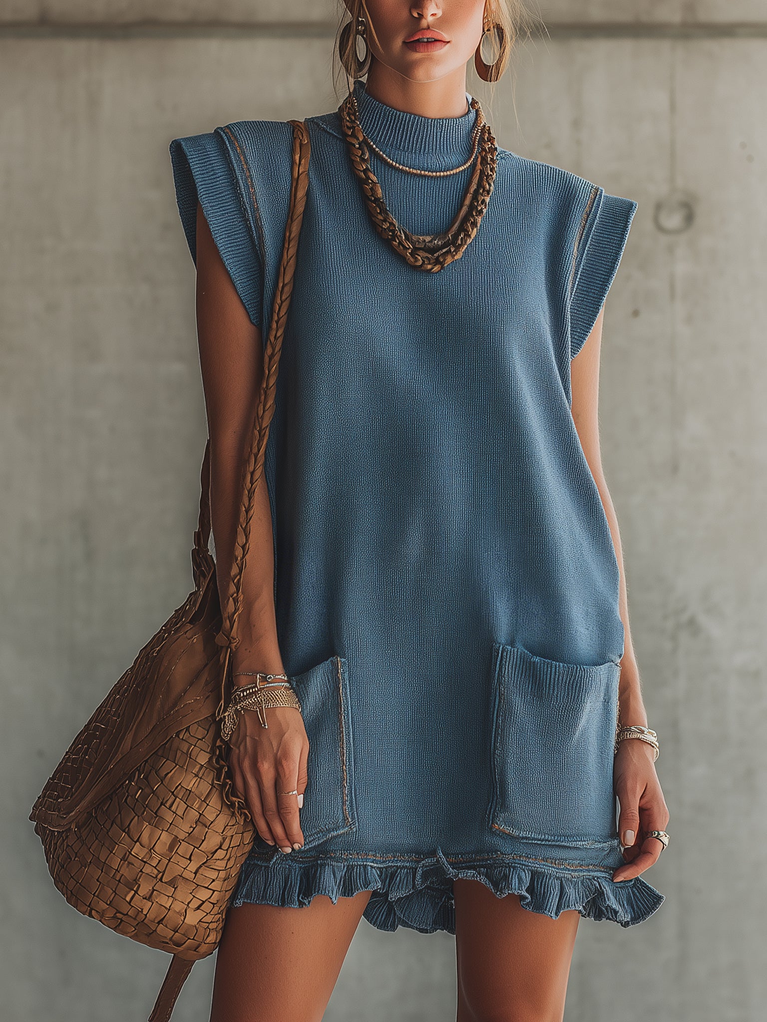 Blue Sleeveless Washed Knit Mini Dress