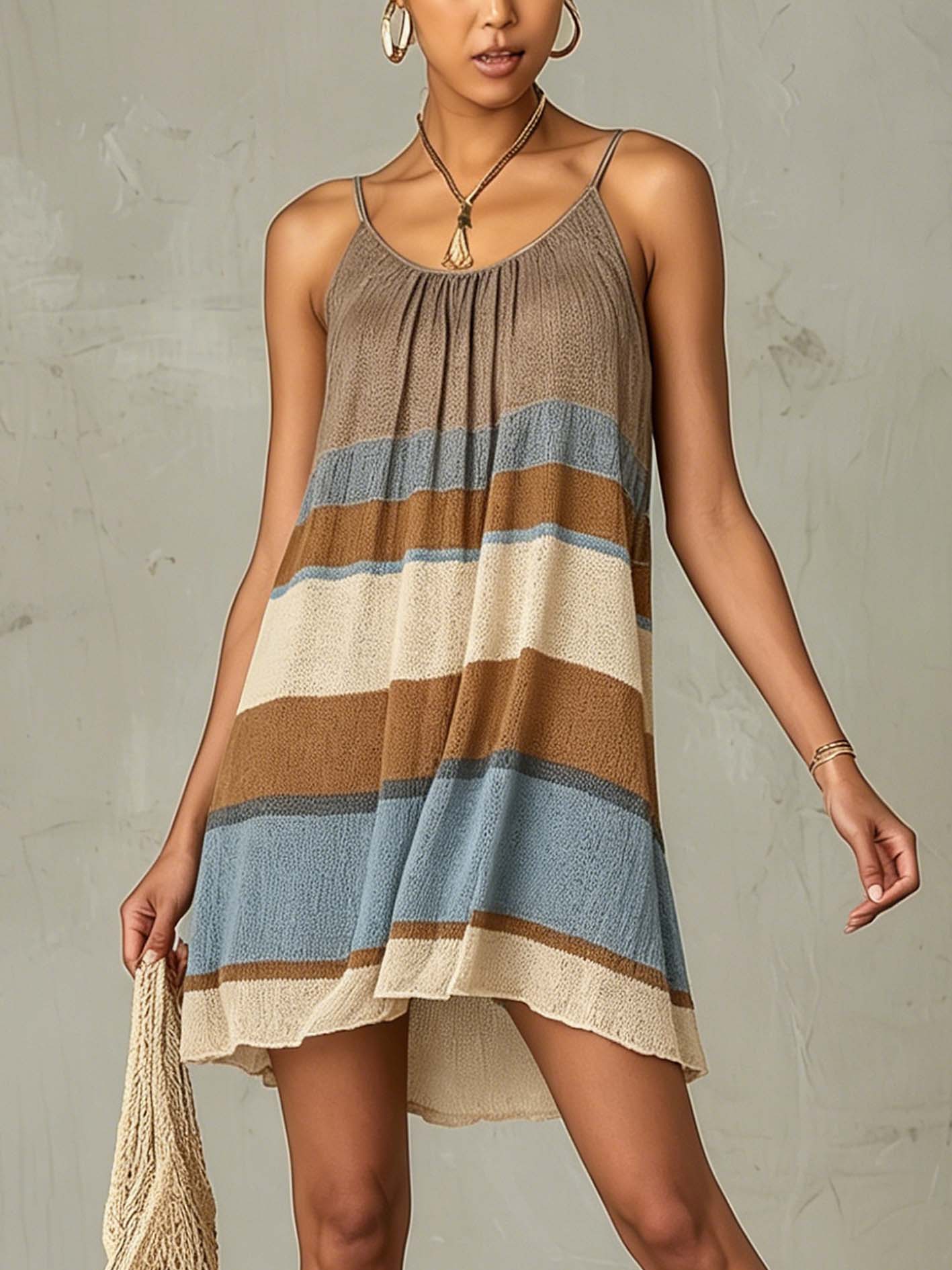 Warm Earth Tones Striped Knit Spaghetti Strap Mini Dress
