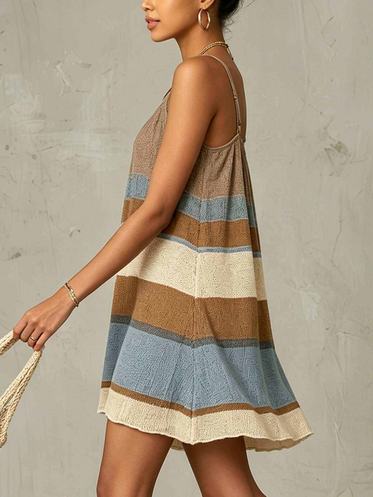 Warm Earth Tones Striped Knit Spaghetti Strap Mini Dress