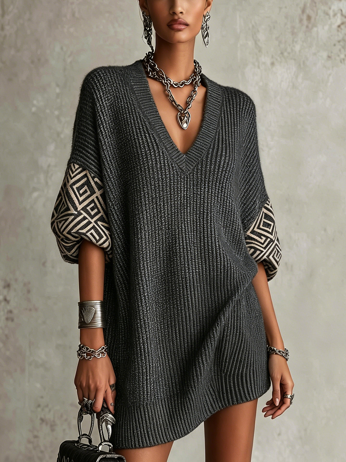 Gray V-Neck Geometric Sleeve Oversized Knit Mini Dress