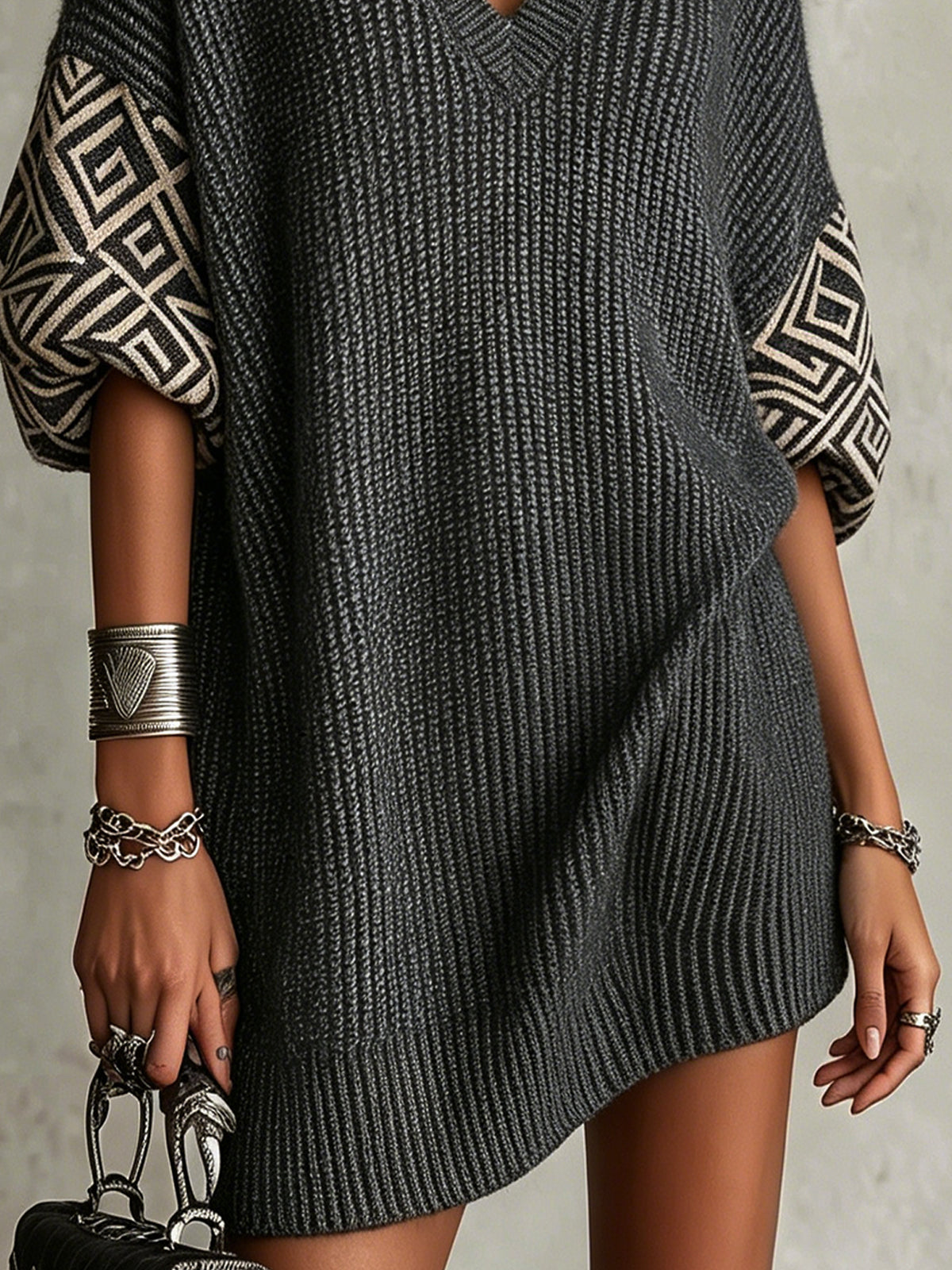 Gray V-Neck Geometric Sleeve Oversized Knit Mini Dress
