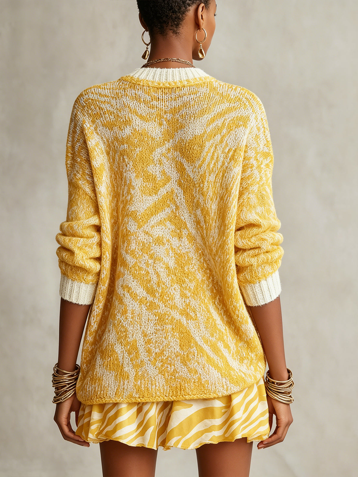Yellow And White Abstract Knit Oversized Sweater Dress