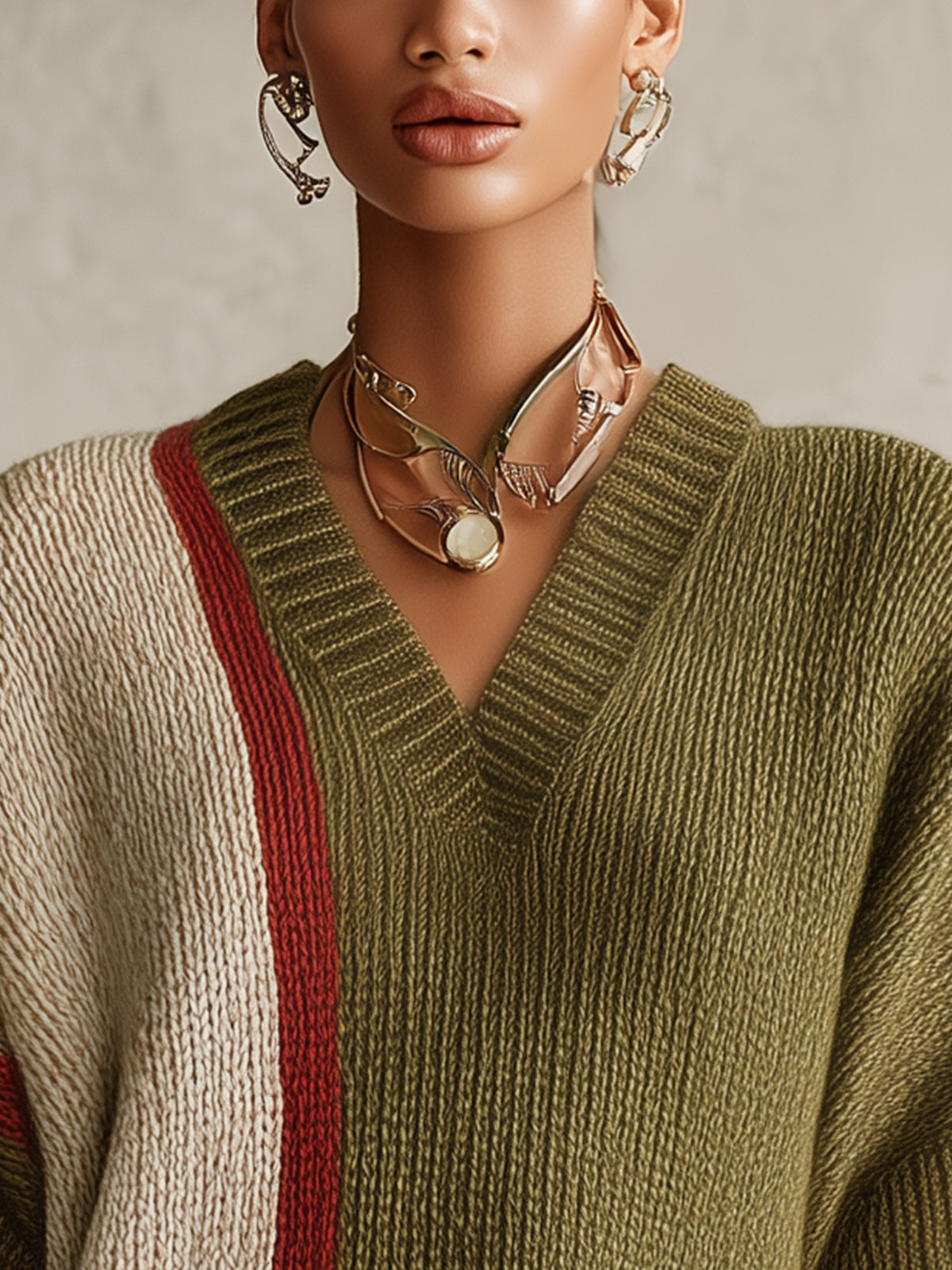 Olive And Beige Colorblock V-Neck Knit Mini Dress