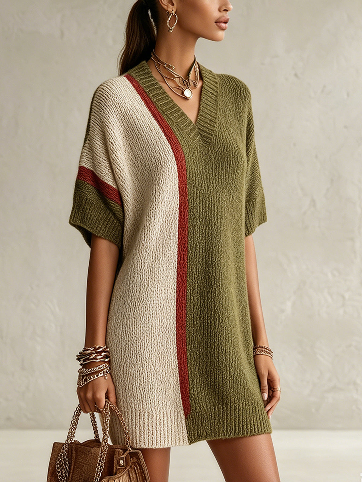 Olive And Beige Colorblock V-Neck Knit Mini Dress